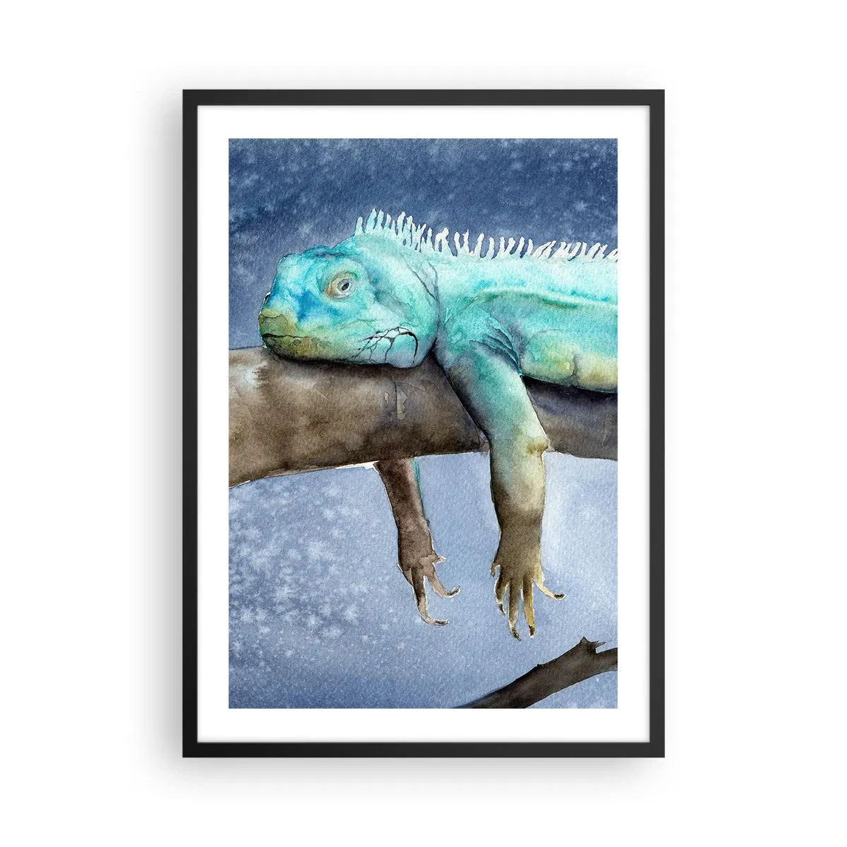 Poster in cornice nera - Dipinto ad acquerello raffigurante un'iguana appoggiata su un ramo. - 50x70cm - Va tutto bene! - Decorazione murale moderna per soggiorno e camera da letto ARTTOR