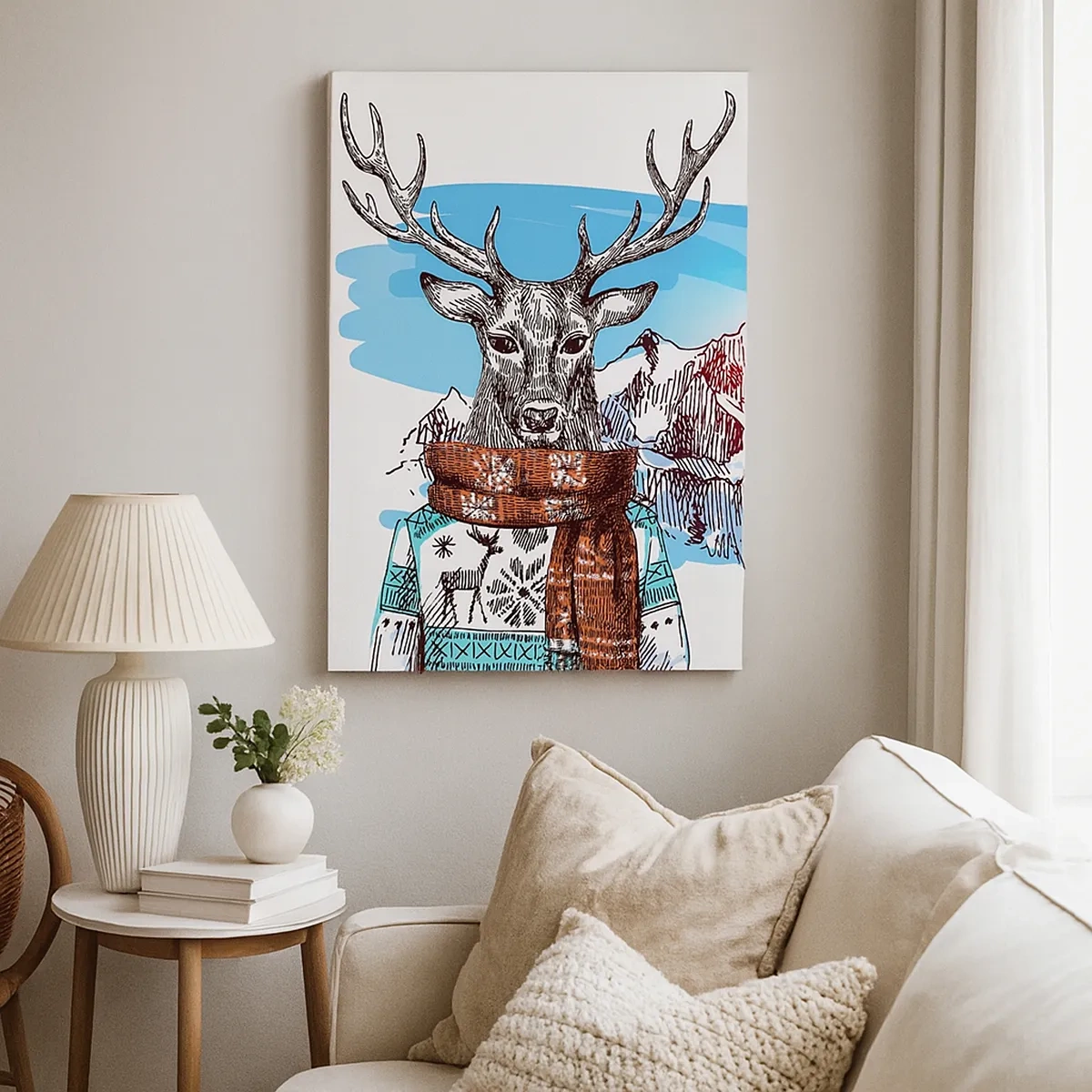 Quadro su tela - Stampe su Tela - Un cervo con un maglione invernale sullo sfondo di un paesaggio montano - 50x70cm - Anche il cervo non ha freddo - Decorazione murale moderna per soggiorno e camera da letto ARTTOR