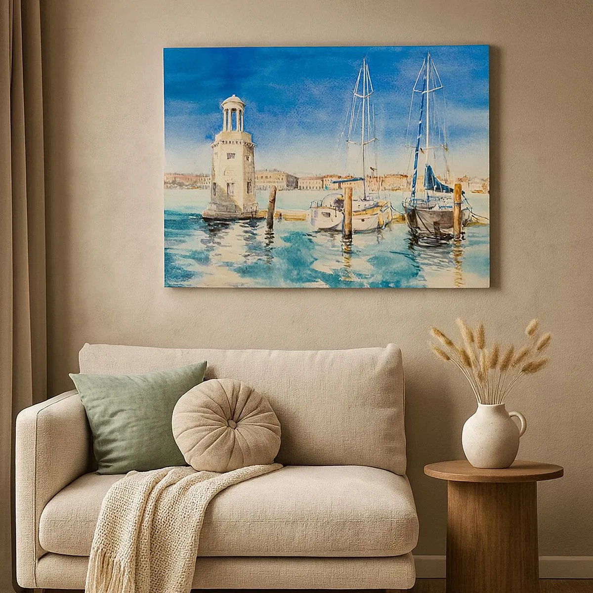 Quadro su tela - Stampe su Tela - Marina con barche sullo sfondo di una laguna blu - 70x50cm - La laguna assolata - Decorazione murale moderna per soggiorno e camera da letto ARTTOR