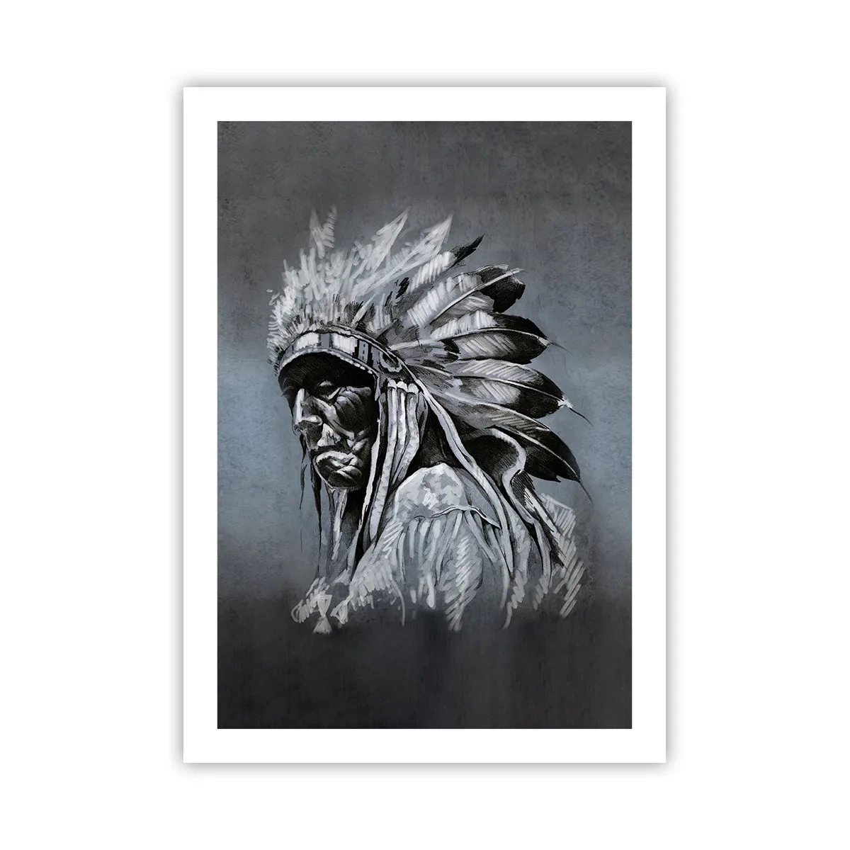 Poster - Ritratto di un capo indiano con un copricapo di piume su uno sfondo grigio - 50x70cm - Ritorno alle radici - Decorazione murale moderna per soggiorno e camera da letto ARTTOR