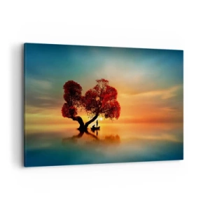 Quadro su tela - Stampe su Tela - Un albero dalle foglie rosse e una barca sull'acqua al tramonto - 120x80cm - Gli esiliati e il silenzio fuori dal mondo - Decorazione murale moderna per soggiorno e camera da letto ARTTOR