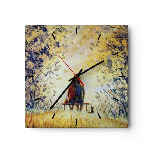 Orologio da parete - Orologio in Vetro - Una coppia seduta su una panchina tra gli alberi autunnali alla luce del sole - 30x30cm - Attimo magico - Decorazione murale moderna per soggiorno e camera da letto ARTTOR