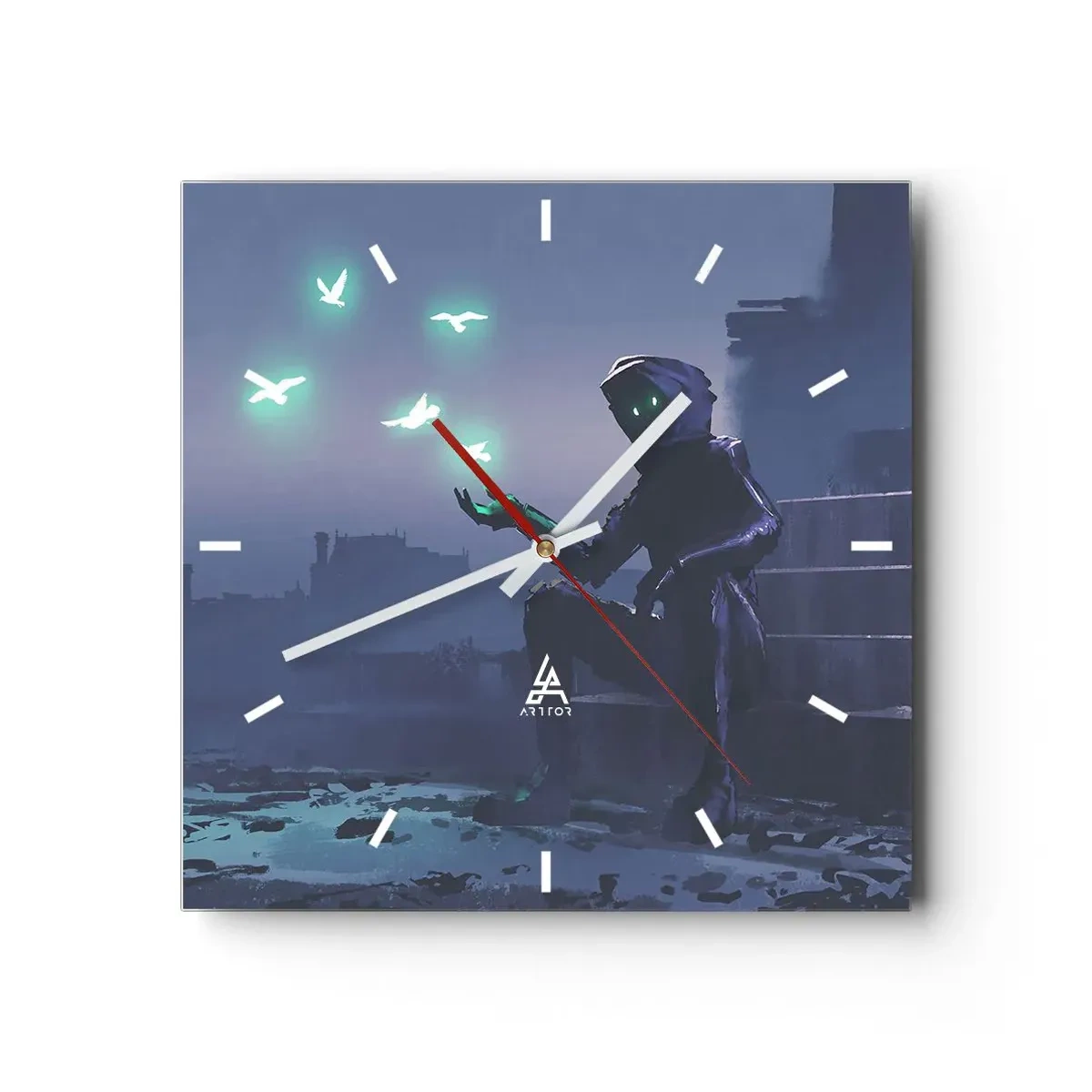 Orologio da parete - Orologio in Vetro - Una figura incappucciata con uccelli magici sullo sfondo di una città - 30x30cm - La vita ritorna - Decorazione murale moderna per soggiorno e camera da letto ARTTOR