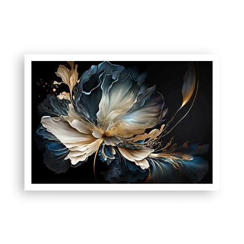 Poster - Un fiore nei toni dell'oro e del blu navy su uno sfondo nero - 100x70cm - Fantastico fiore di felce - Decorazione murale moderna per soggiorno e camera da letto ARTTOR