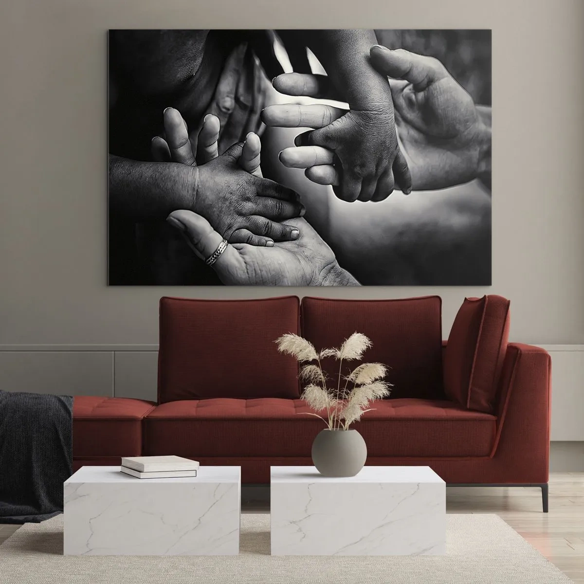 Quadro su vetro - Stretta di mano simbolica in bianco e nero di diverse generazioni - 70x50cm - Umanità - Decorazione murale moderna per soggiorno e camera da letto ARTTOR