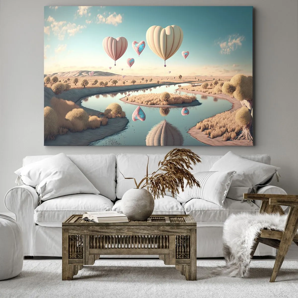 Quadro su tela - Stampe su Tela - Palloncini a forma di cuore che fluttuano sopra il paesaggio - 120x80cm - L'amore permette di volare - Decorazione murale moderna per soggiorno e camera da letto ARTTOR