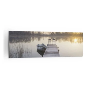 Quadro su tela - Stampe su Tela - Un molo sul lago al mattino con una barca e delle sedie - 160x50cm - Tornerò un giorno - Decorazione murale moderna per soggiorno e camera da letto ARTTOR