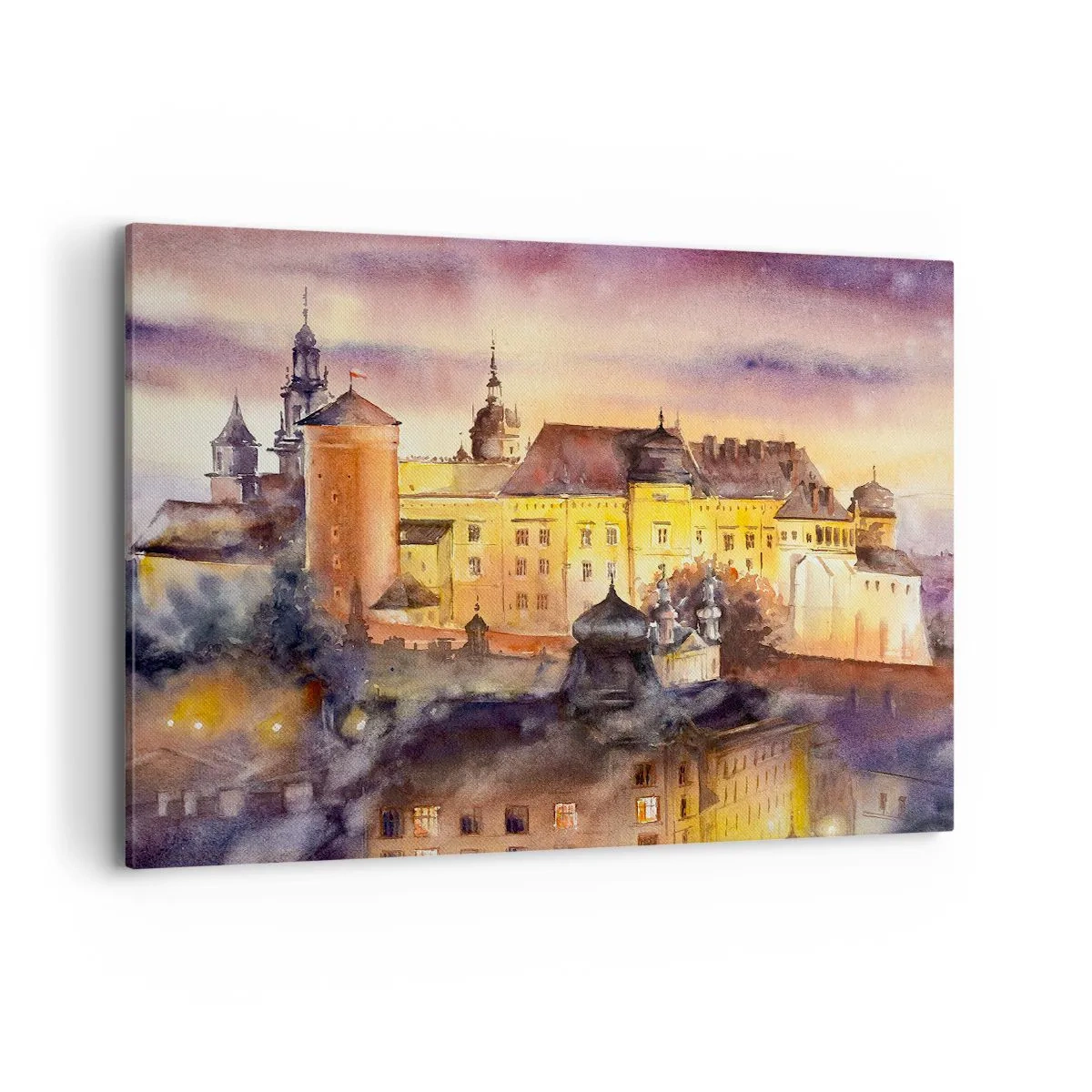 Quadro su tela - Stampe su Tela - Un pittoresco dipinto ad acquerello di un castello al tramonto - 100x70cm - Storia e fiaba - Decorazione murale moderna per soggiorno e camera da letto ARTTOR