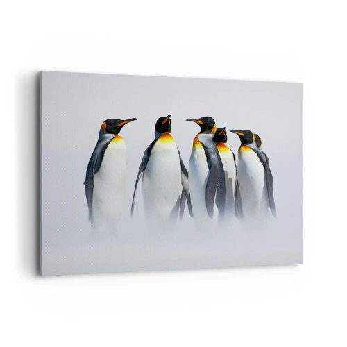 Quadro su tela - Stampe su Tela - Un gruppo di pinguini imperatore nella nebbia invernale - 100x70cm - Incontro in abito da sera - Decorazione murale moderna per soggiorno e camera da letto ARTTOR