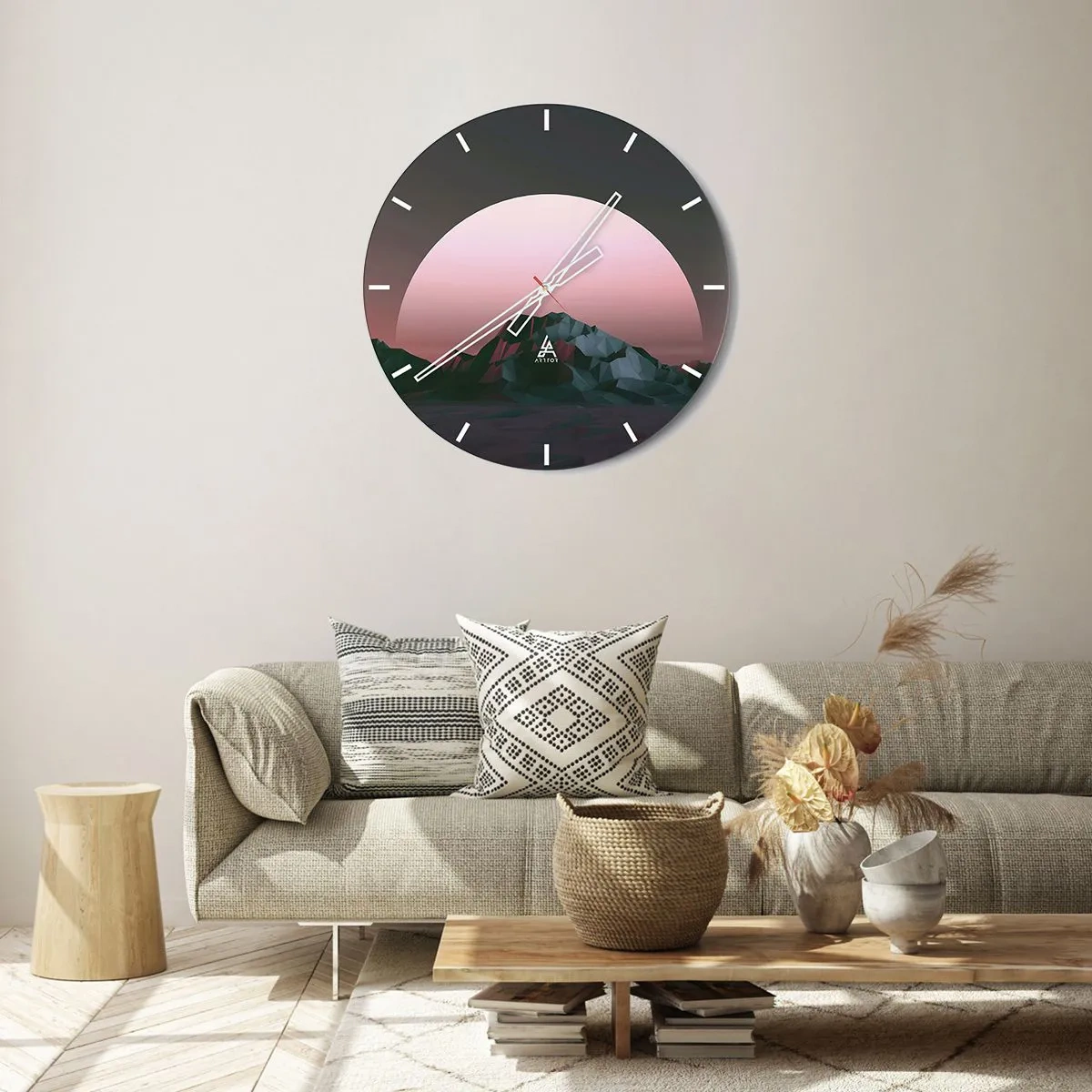 Orologio da parete - Orologio in Vetro - Un paesaggio montano con un tramonto rosa sullo sfondo - 30x30cm - Nella galassia accanto - Decorazione murale moderna per soggiorno, cucina e camera da letto ARTTOR
