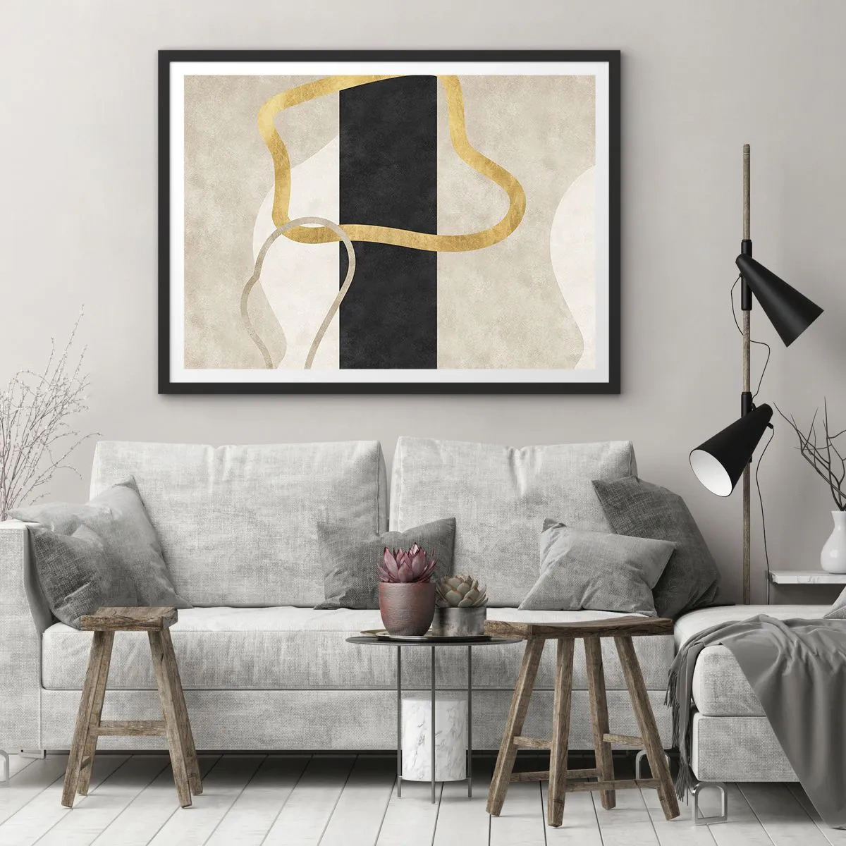 Poster in cornice nera - Un design minimalista con forme ad anello in oro e nero. - 100x70cm - Forme intrecciate - Decorazione murale moderna per soggiorno e camera da letto ARTTOR