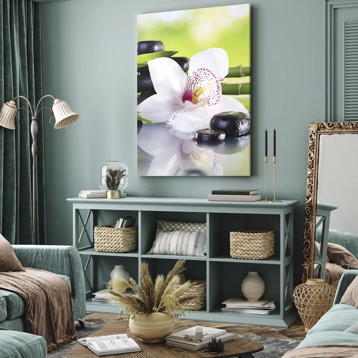 Quadro su tela - Stampe su Tela - Orchidea, pietre e bambù in un'armoniosa composizione spa - 50x70cm - Freschezza rinfrescante - Decorazione murale moderna per soggiorno e camera da letto ARTTOR