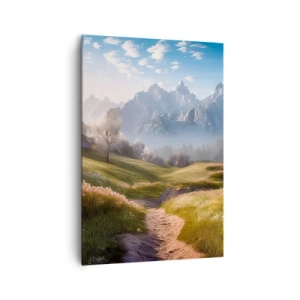Quadro su tela - Stampe su Tela - Una valle di montagna con prati, rifugi e vista sulle cime - 70x100cm - Valle idilliaca - Decorazione murale moderna per soggiorno e camera da letto ARTTOR