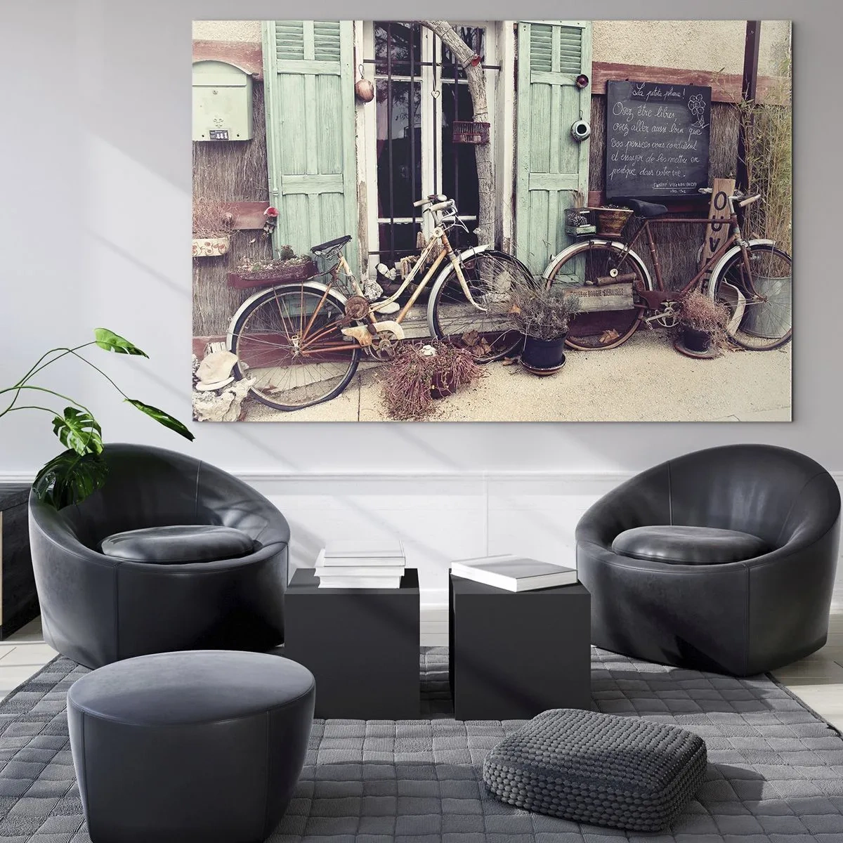 Quadro su vetro - Paesaggio provinciale con biciclette - 100x70cm - Evviva la provincia - Decorazione murale moderna per soggiorno e camera da letto ARTTOR