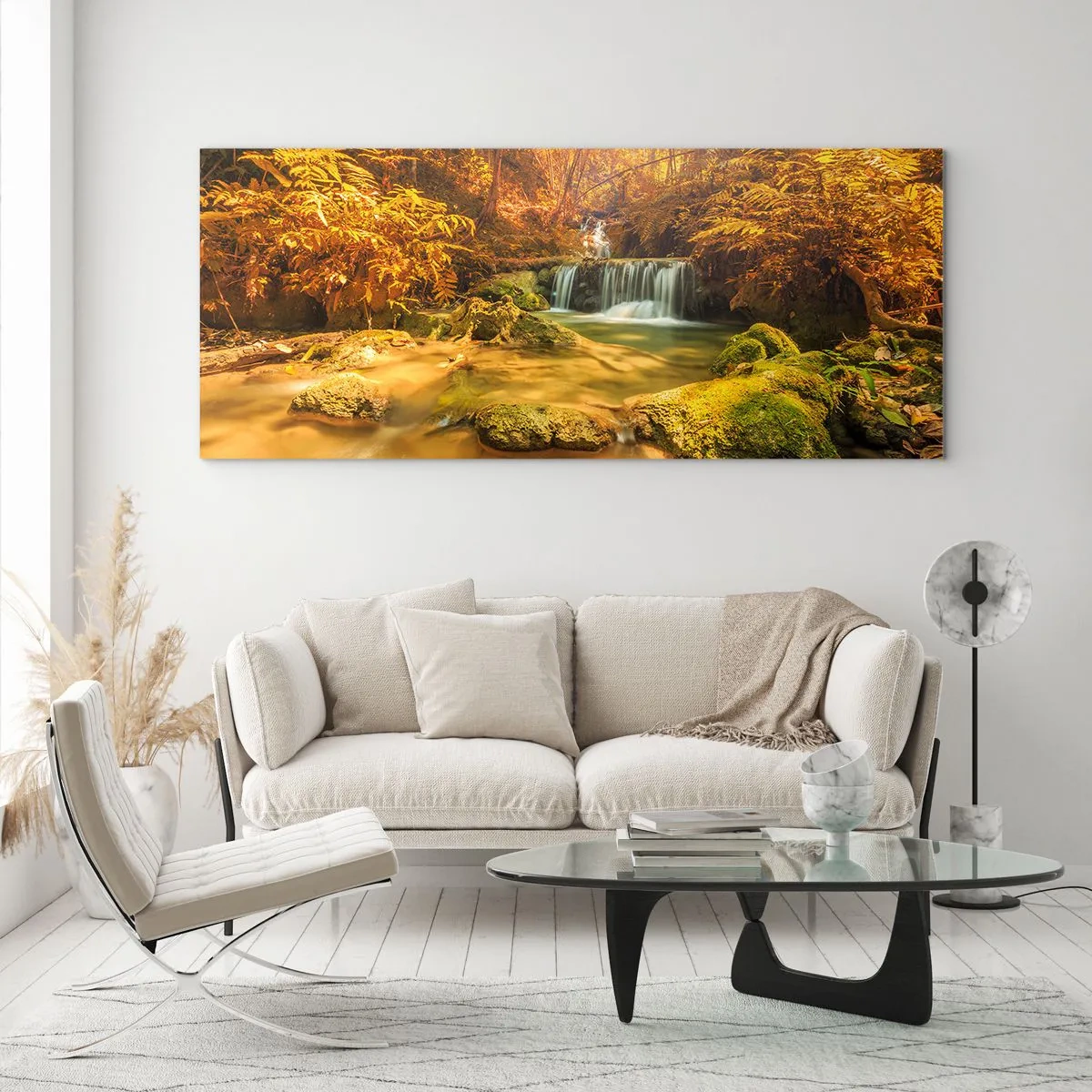 Quadro su vetro - Cascata boschiva in oro - 100x40 cm