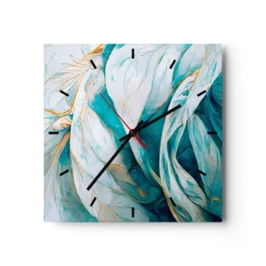 Orologio da parete - Orologio in Vetro - Foglie blu astratte con dettagli dorati - 30x30cm - Astrazione blu con motivi d'oro - Decorazione murale moderna per soggiorno e camera da letto ARTTOR