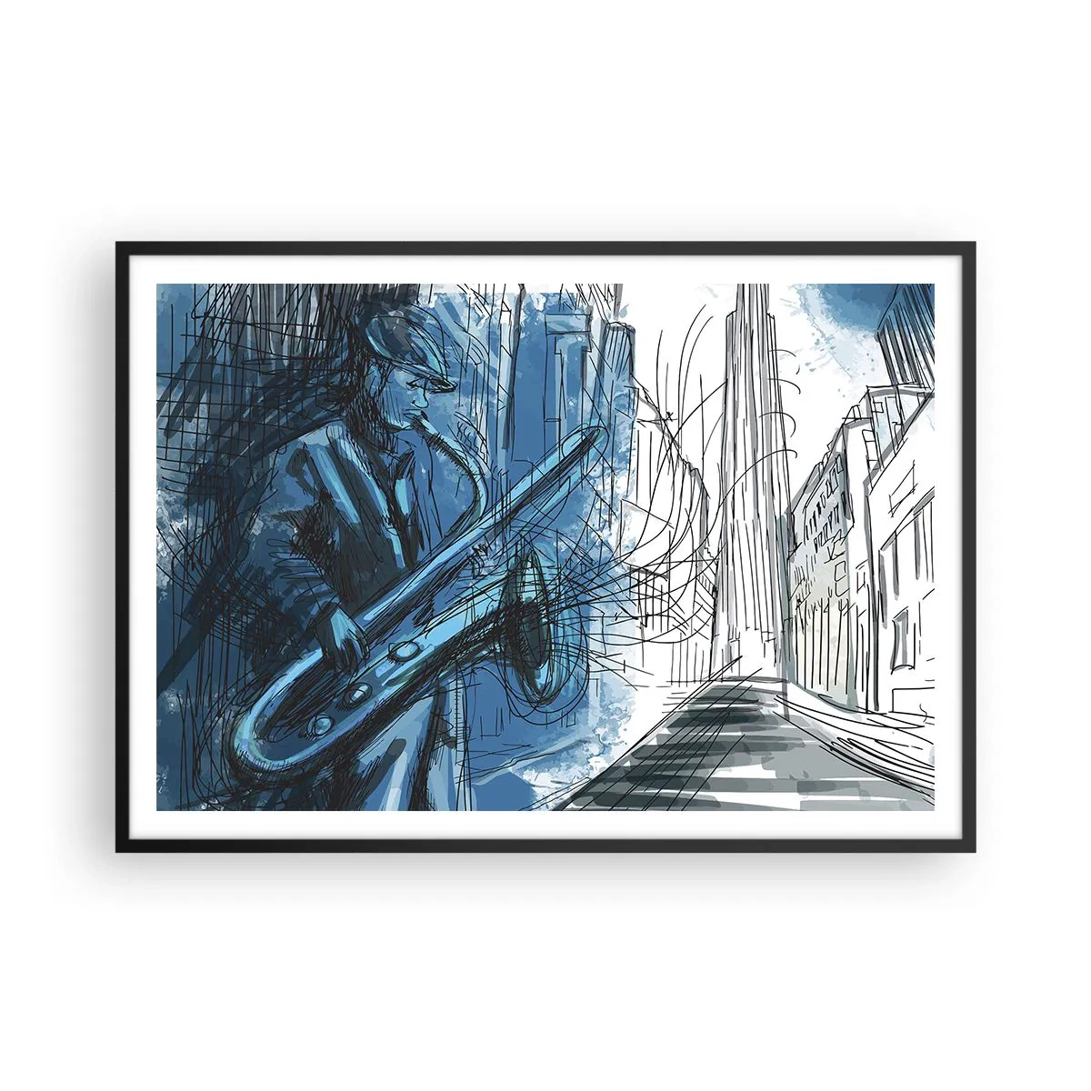 Poster in cornice nera - Una figura che suona il sassofono sullo sfondo di una città - 100x70cm - Rapsodia urbana - Decorazione murale moderna per soggiorno e camera da letto ARTTOR