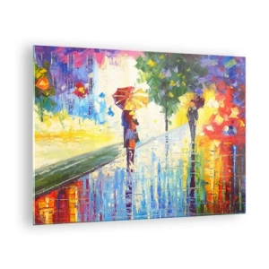 Quadro su vetro - Una passeggiata colorata sotto la pioggia con un ombrello impressionista - 70x50cm - E tutto è chiaro - Decorazione murale moderna per soggiorno e camera da letto ARTTOR