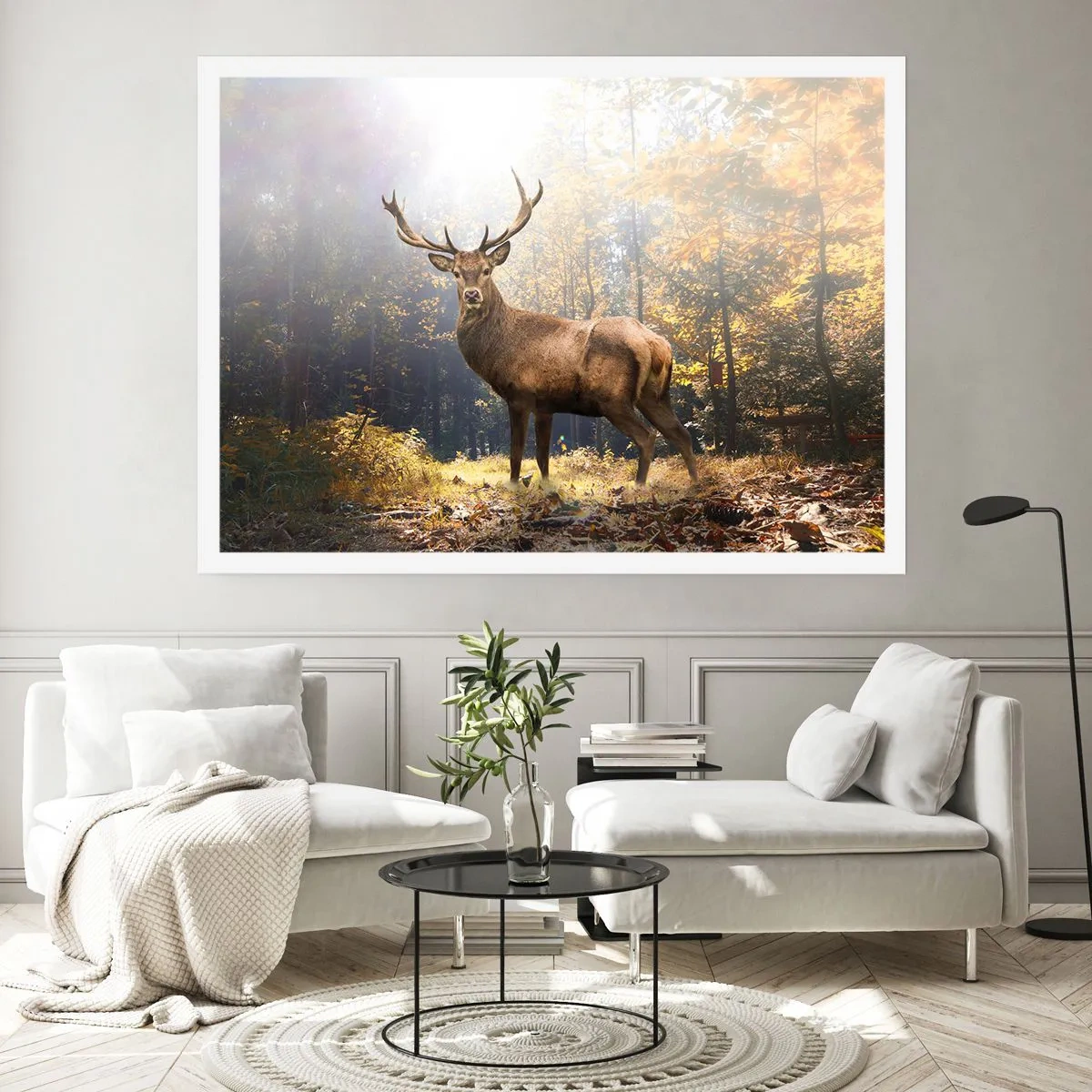 Poster - Cervi nella foresta autunnale con raggi di sole - 100x70cm - Nella piena maestà - Decorazione murale moderna per soggiorno e camera da letto ARTTOR