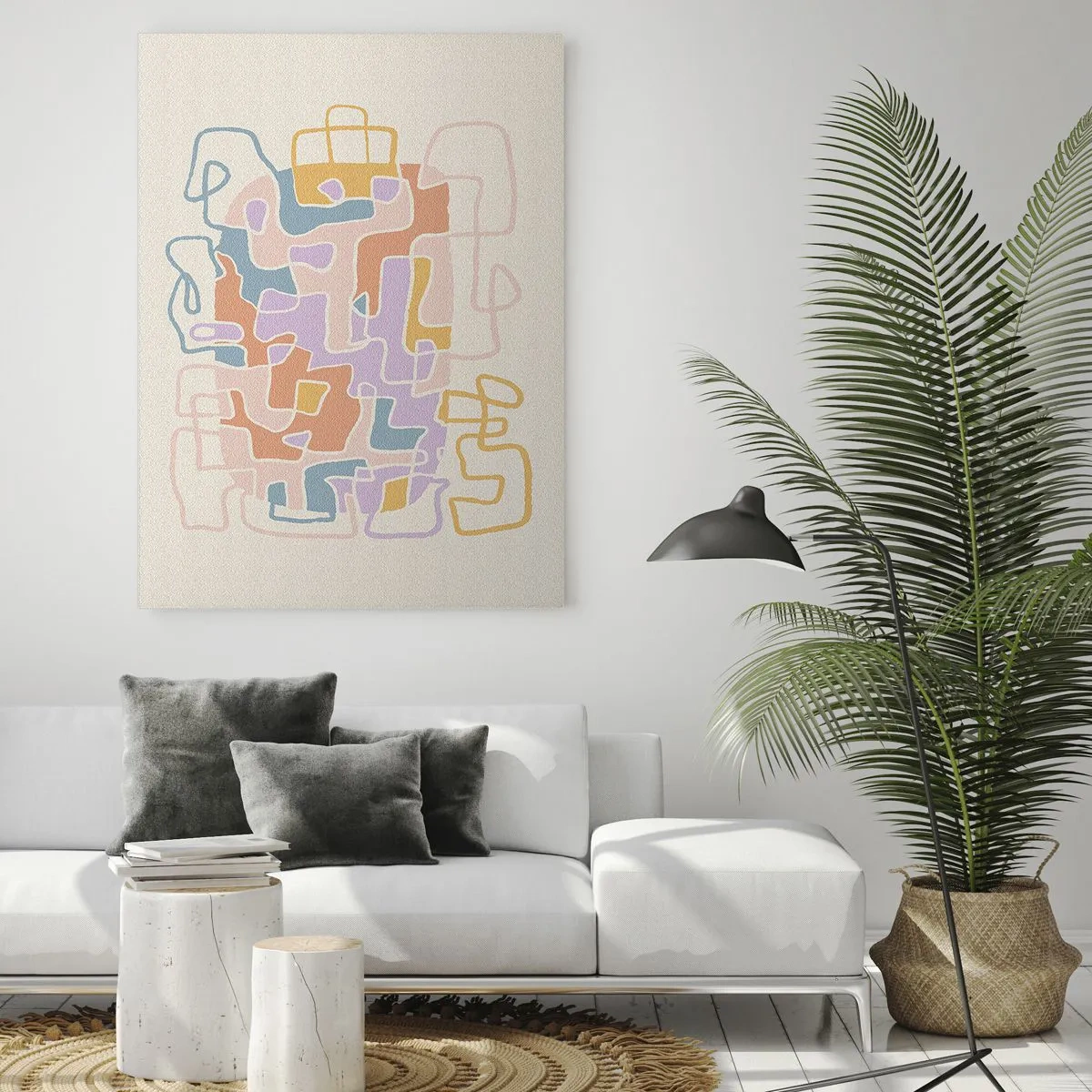 Quadro su vetro - Un labirinto colorato di linee su uno sfondo crema - 50x70cm - Labirinto: avventura gioiosa - Decorazione murale moderna per soggiorno e camera da letto ARTTOR
