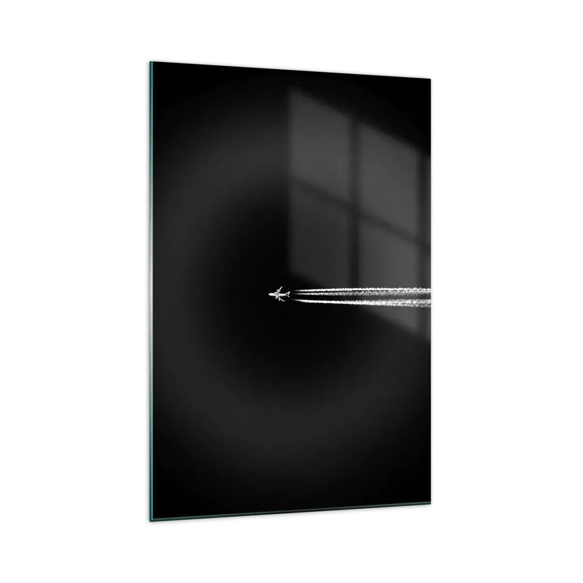 Quadro su vetro - Un aereo a reazione con una scia di condensazione visibile su uno sfondo nero - 70x100cm - In un'altra dimensione - Decorazione murale moderna per soggiorno e camera da letto ARTTOR
