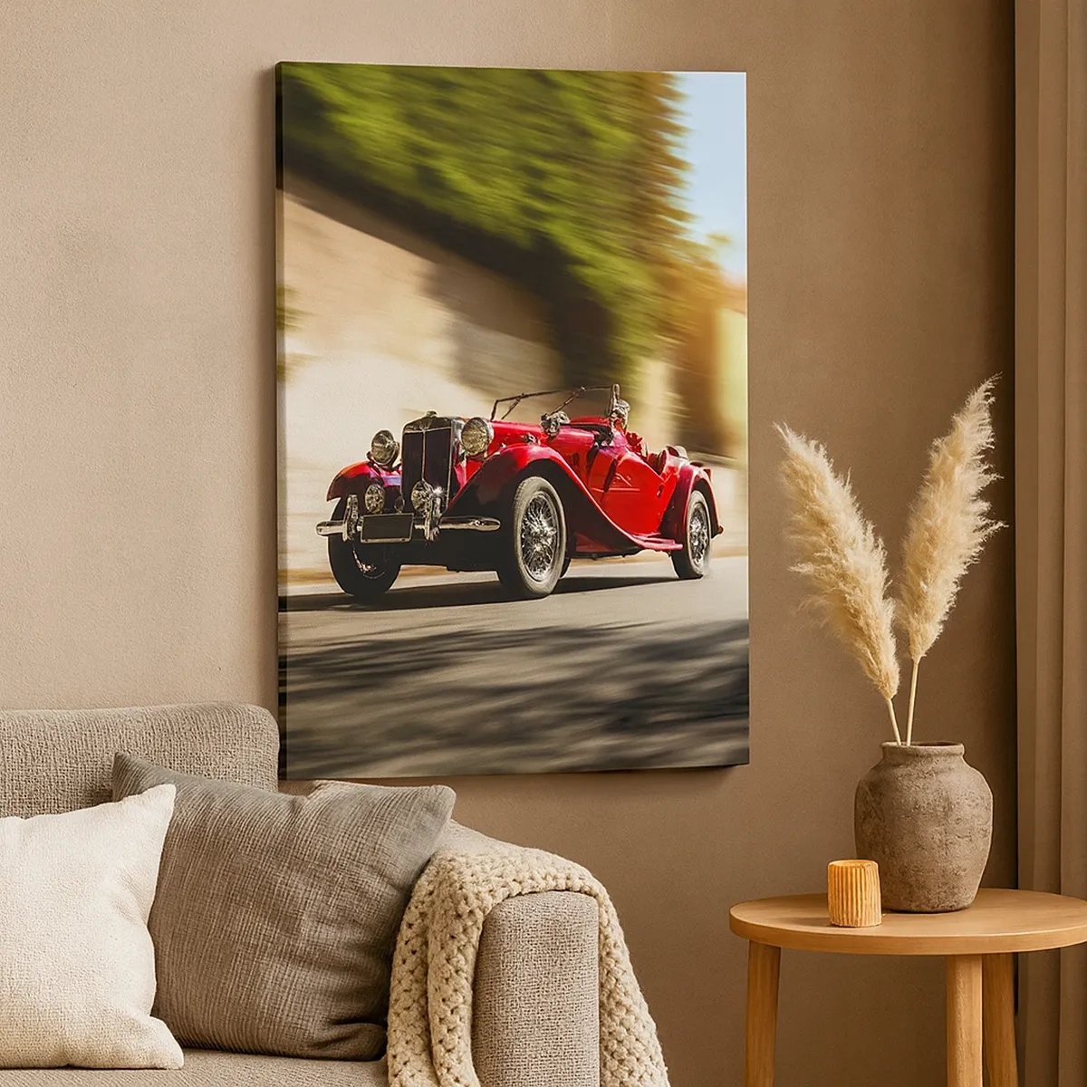 Quadro su tela - Stampe su Tela - Auto d'epoca rossa in movimento su una strada soleggiata - 50x70cm - Più bella della Nike di Samotracia - Decorazione murale moderna per soggiorno e camera da letto ARTTOR