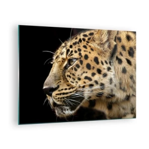 Quadro su vetro - Profilo di un leopardo su sfondo nero - 70x50cm - Calmo, concentrato, pronto - Decorazione murale moderna per soggiorno e camera da letto ARTTOR