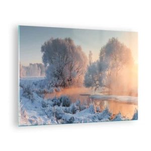Quadro su vetro - Paesaggio invernale con lago ghiacciato e nebbia mattutina - 70x50cm - Tutto brilla al sole nel cristallo - Decorazione murale moderna per soggiorno e camera da letto ARTTOR