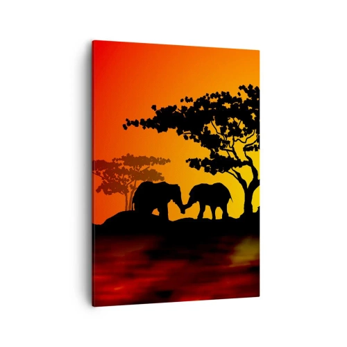 Quadro su tela - Stampe su Tela - Tramonto africano con sagome di elefanti e giraffe sull'acqua - 50x70cm - Incontro nella savana - Decorazione murale moderna per soggiorno e camera da letto ARTTOR