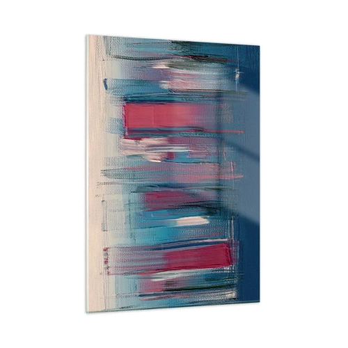 Quadro su vetro - Pennellate verticali in rosso e blu su sfondo beige - 50x70cm - Composizione verticale in blu e rosso - Decorazione murale moderna per soggiorno e camera da letto ARTTOR