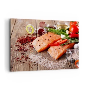 Quadro su tela - Stampe su Tela - Filetti di salmone con spezie su fondo di legno - 100x70cm - Avventura norvegese in cucina - Decorazione murale moderna per soggiorno e camera da letto ARTTOR