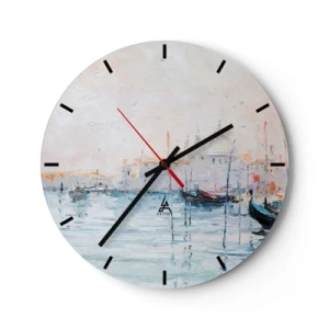Orologio da parete - Orologio in Vetro - Dipinto impressionista raffigurante un porto con barche in acque calme. - 30x30cm - Dopo l'acqua, dopo la nebbia - Decorazione murale moderna per soggiorno, cucina e camera da letto ARTTOR