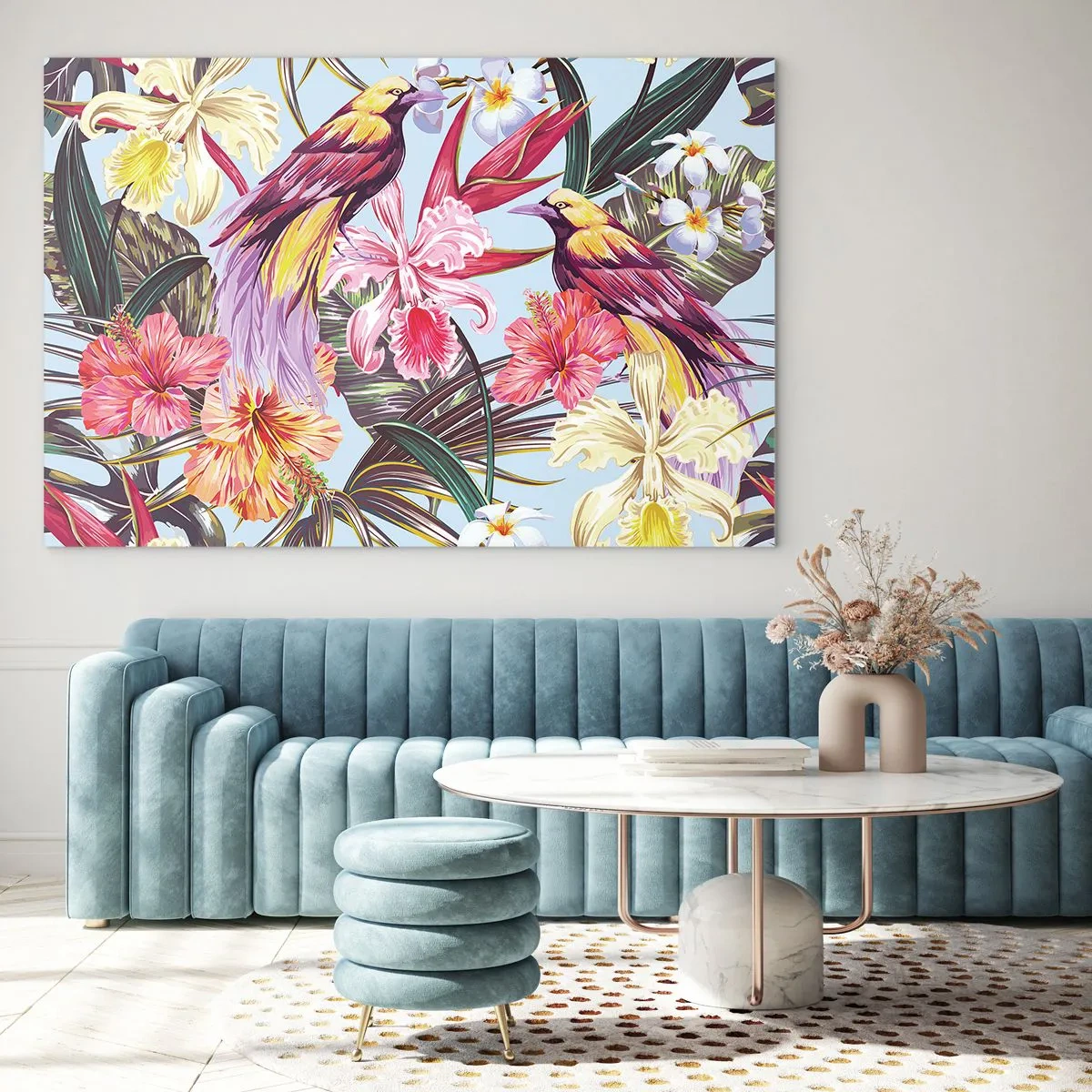 Quadro su vetro - Uccelli e fiori esotici su uno sfondo chiaro - 70x50cm - Petali e piume - Decorazione murale moderna per soggiorno e camera da letto ARTTOR