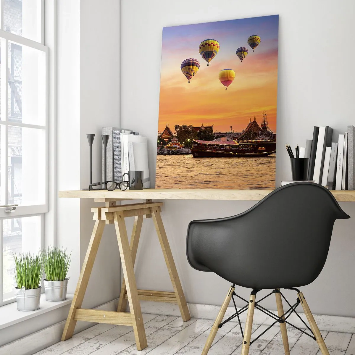 Quadro su vetro - Un tempio e palloncini sullo sfondo del sole al tramonto sul fiume - 70x100cm - Qui nascono le favole - Decorazione murale moderna per soggiorno e camera da letto ARTTOR