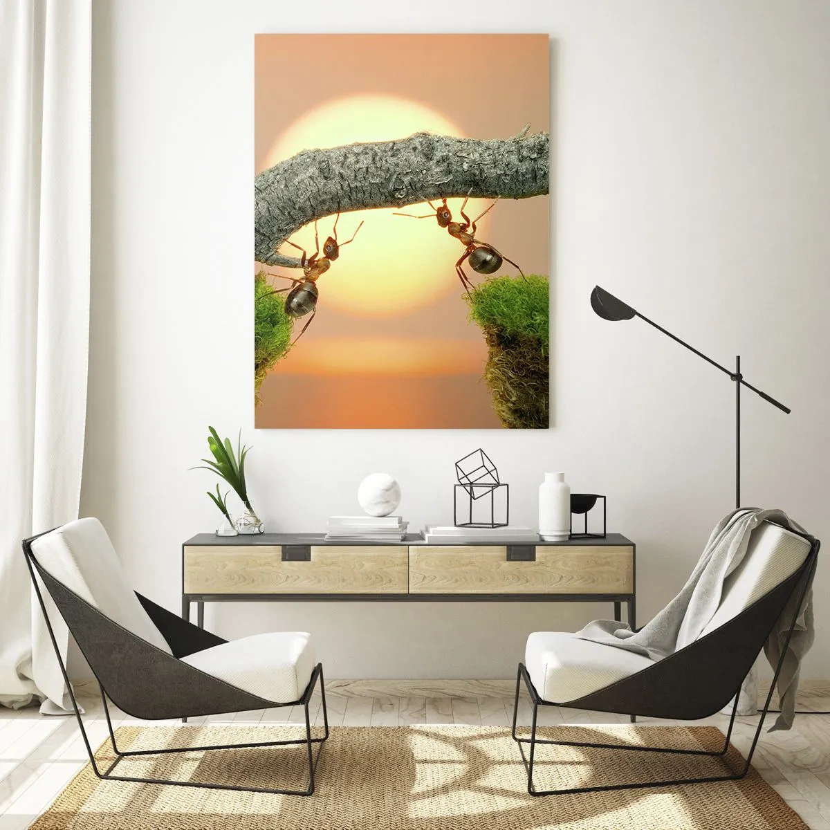 Quadro su vetro - Formiche che costruiscono un ponte al tramonto - 50x70cm - Gioioso lavoro comune - Decorazione murale moderna per soggiorno e camera da letto ARTTOR