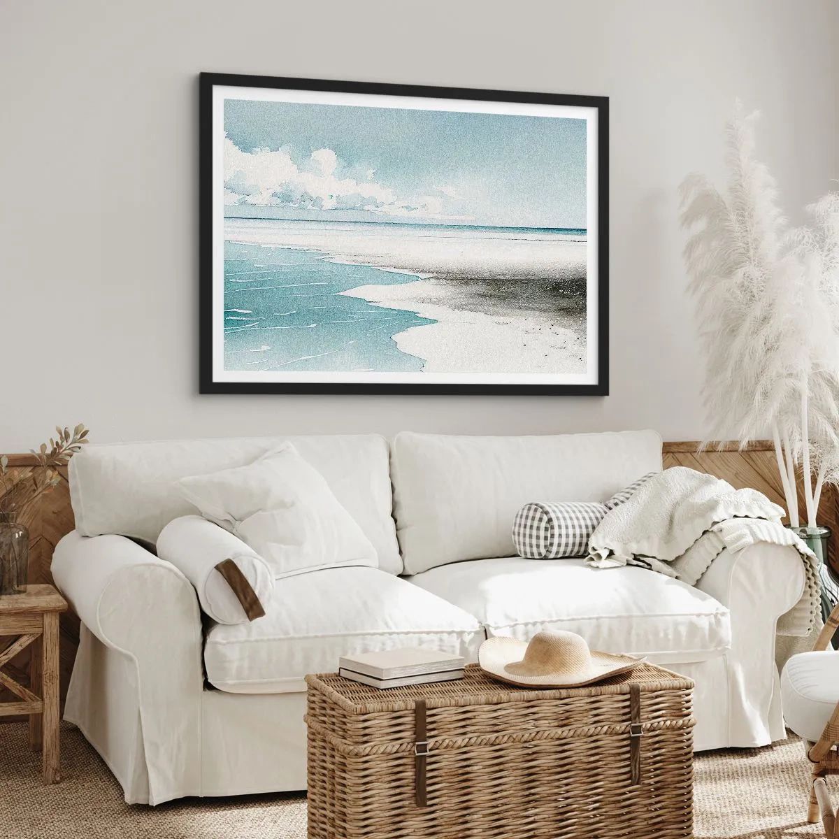 Poster in cornice nera - Un mare calmo e una spiaggia dalle tonalità chiare di blu - 70x50cm - Marea dolce - Decorazione murale moderna per soggiorno e camera da letto ARTTOR