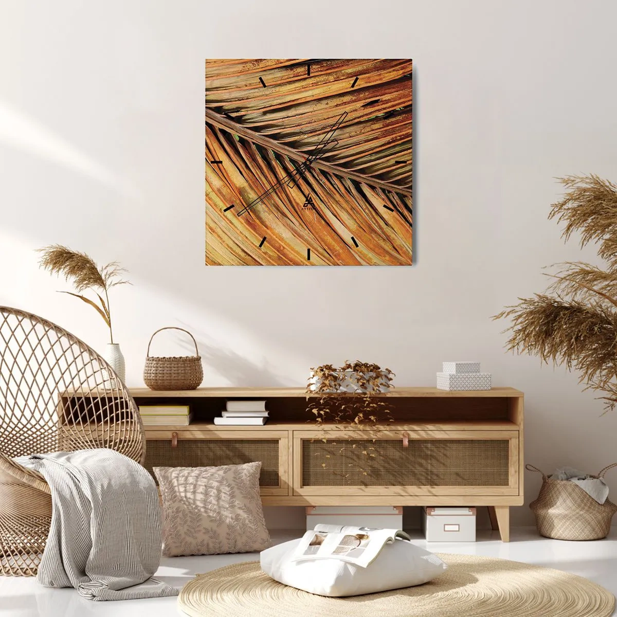 Orologio da parete - Orologio in Vetro - Primo piano di una foglia di palma secca in toni caldi - 30x30cm - Oro di cocco - Decorazione murale moderna per soggiorno e camera da letto ARTTOR