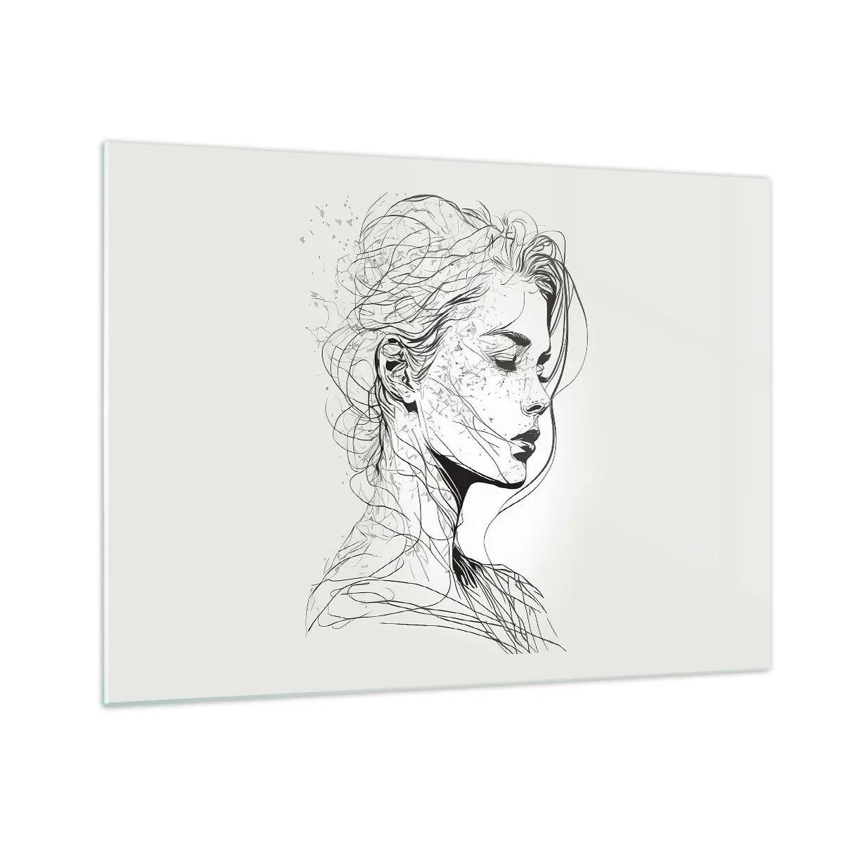 Quadro su vetro - Uno schizzo in bianco e nero di una donna con gli occhi chiusi in una linea delicata. - 70x50cm - Ritratto pensieroso - Decorazione murale moderna per soggiorno e camera da letto ARTTOR