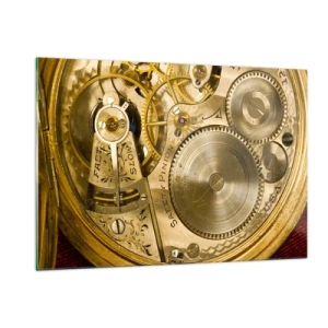 Quadro su vetro - Meccanismo dell'orologio in finitura oro - 120x80cm - Stare al passo coi tempi - Decorazione murale moderna per soggiorno e camera da letto ARTTOR