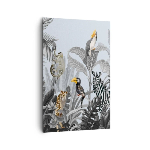 Quadro su tela - Stampe su Tela - Giungla tropicale con animali esotici su sfondo grigio - 80x120cm - Favola africana - Decorazione murale moderna per soggiorno e camera da letto ARTTOR