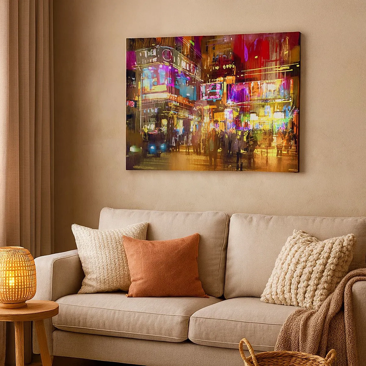 Quadro su tela - Stampe su Tela - Una città vibrante di notte alla luce del neon - 70x50cm - Nel mare di luce - Decorazione murale moderna per soggiorno e camera da letto ARTTOR