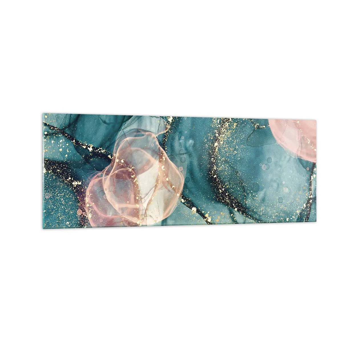 Quadro su vetro - Una composizione astratta nei toni del turchese e dell'oro. - 140x50cm - Blu di seta, rosa di tulle - Decorazione murale moderna per soggiorno e camera da letto ARTTOR