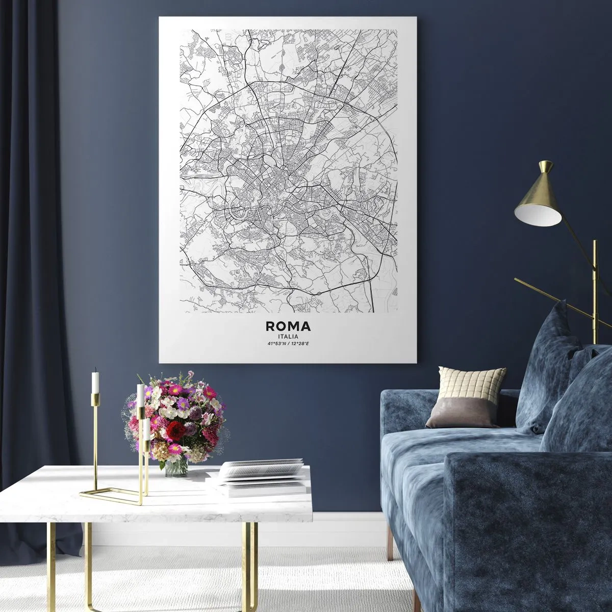 Quadro su vetro - Mappa di Roma con un chiaro tracciato stradale circolare - 50x70cm - L'anello romano - Decorazione murale moderna per soggiorno e camera da letto ARTTOR