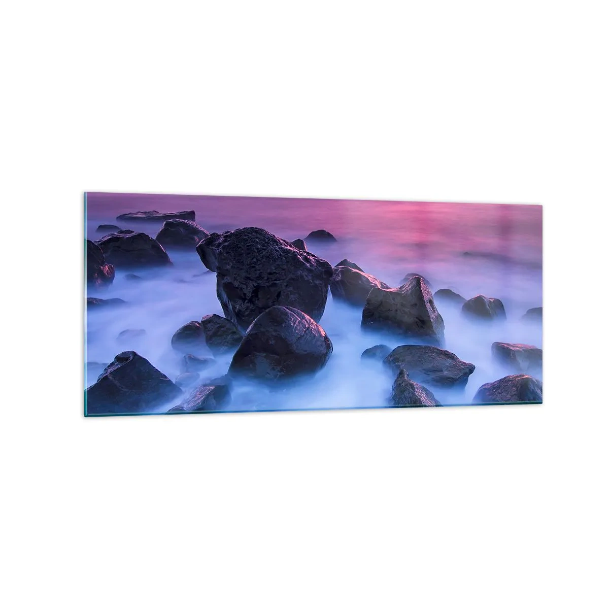 Quadro su vetro - Costa rocciosa al tramonto - 120x50cm - Nascita nella luce e nella nebbia - Decorazione murale moderna per soggiorno e camera da letto ARTTOR