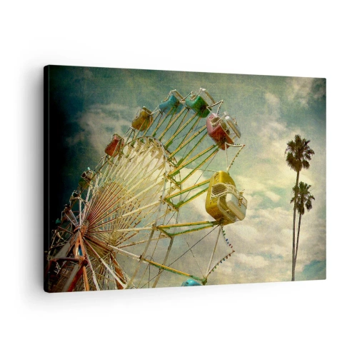 Quadro su tela - Stampe su Tela - Foto retrò di una ruota panoramica con palme contro il cielo - 70x50cm - Il divertimento comincia... - Decorazione murale moderna per soggiorno e camera da letto ARTTOR