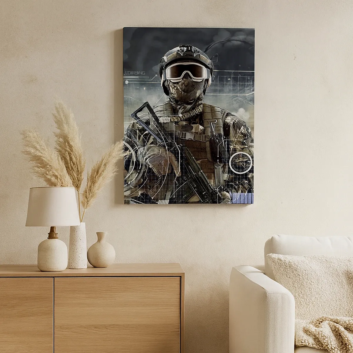 Quadro su tela - Stampe su Tela - Un soldato con un casco futuristico e una pistola sullo sfondo della tecnologia. - 50x70cm - Potenza al quadrato - Decorazione murale moderna per soggiorno e camera da letto ARTTOR