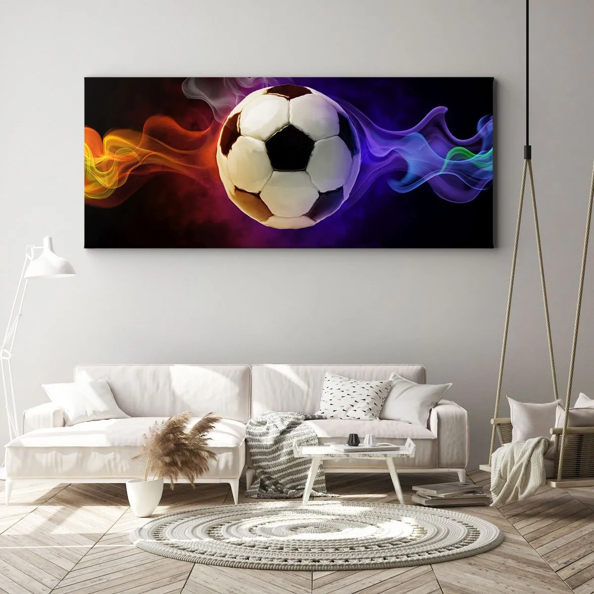 Quadro su tela - Stampe su Tela - Un pallone da calcio circondato da effetti di fumo colorati su uno sfondo scuro. - 160x50cm - La forza magica del gioco - Decorazione murale moderna per soggiorno e camera da letto ARTTOR