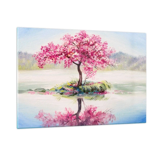 Quadro su vetro - Un albero rosa su un'isola riflesso nell'acqua calma - 120x80cm - La festa della primavera - Decorazione murale moderna per soggiorno e camera da letto ARTTOR