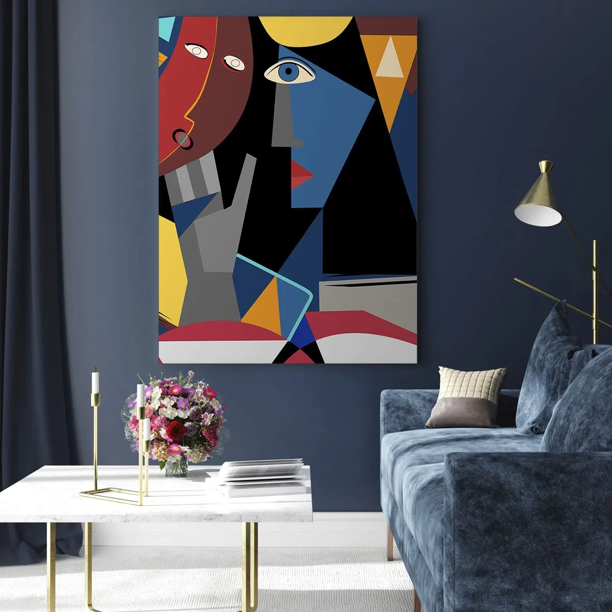 Quadro su vetro - Volti cubisti dai colori intensi - 50x70cm - Dialogo di cubisti - Decorazione murale moderna per soggiorno e camera da letto ARTTOR
