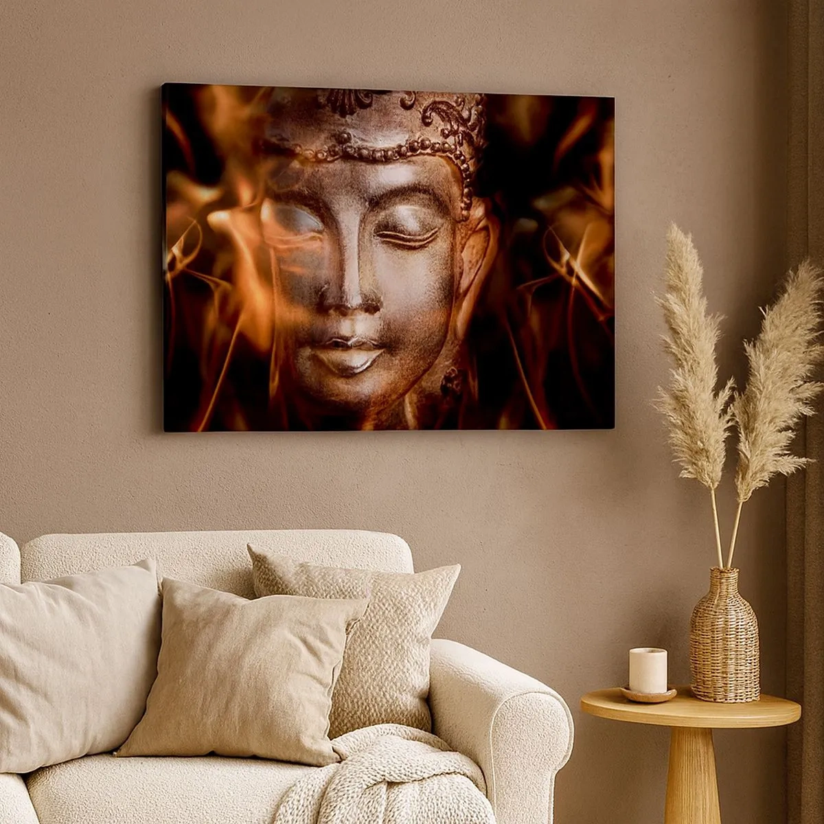 Quadro su tela - Stampe su Tela - Una statua del Buddha tra fiamme dai riflessi dorati - 70x50cm - Esiste solo qui e ora - Decorazione murale moderna per soggiorno e camera da letto ARTTOR